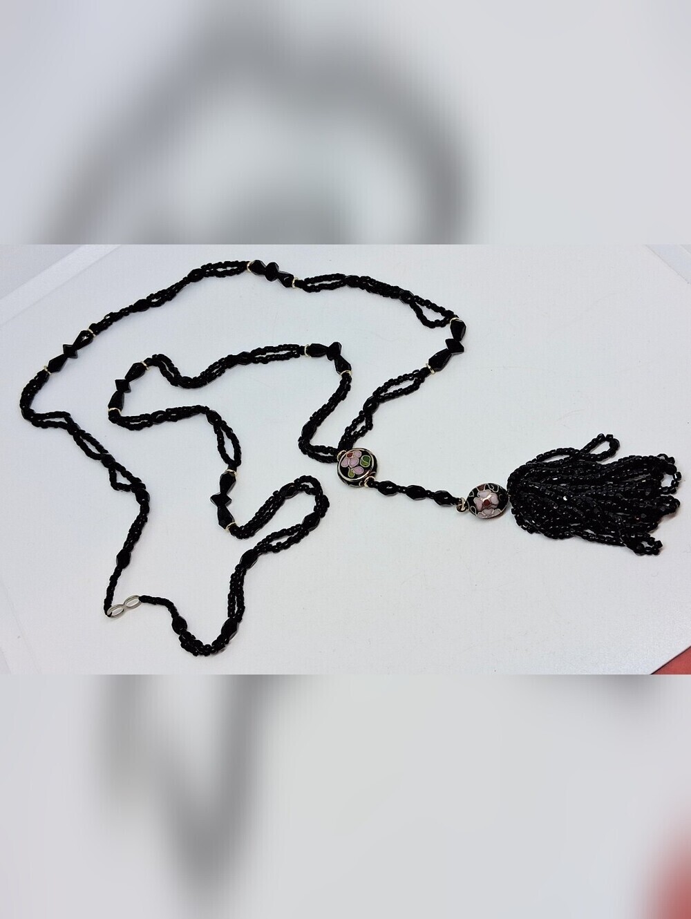 * Vintage Art Deco Black Onyx & Cloisonne Bead Tassel Necklace